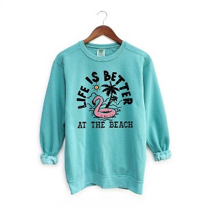 Simply Sage Market Women's  Garment Dyed Graphic Sweatshirt Better At The Beach Flamingo - 1 of 4