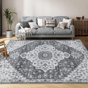 Machine Washable Area Rug - Non-Slip Non-Shedding Low Pile Foldable Soft Floral Printed Rug for Living Room, Bedroom, Nursery Kitchen - 1 of 4