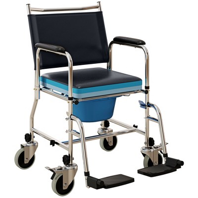HOMCOM Rolling Shower Wheelchair for Seniors, Bedside Commode Chair with Padded Seat, Backrest, for Handicap, Toilet Chair, 300 lbs, Black