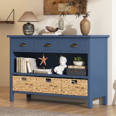 PAGED Vintage Console Table with 3 Drawers, Open Shelves & Water Hyacinth Woven Baskets, Entryway Sofa Table, Entryway Table Buffet Cabinet