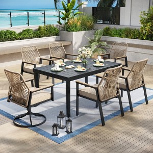 Captiva Designs 7pc Patio Dining Slat-top Steel Table & Beige Rattan Chairs with Cushions - 1 of 4