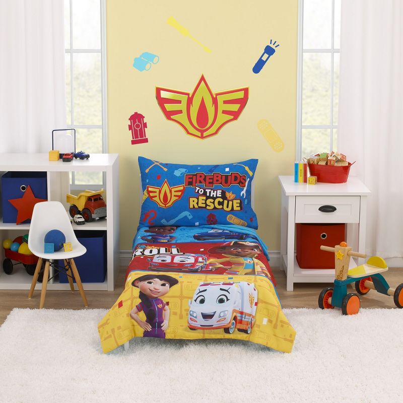 Disney Firebuds Let's Roll Red, Blue, and Yellow First Responders 4 Piece Toddler Bed Set, 1 of 7
