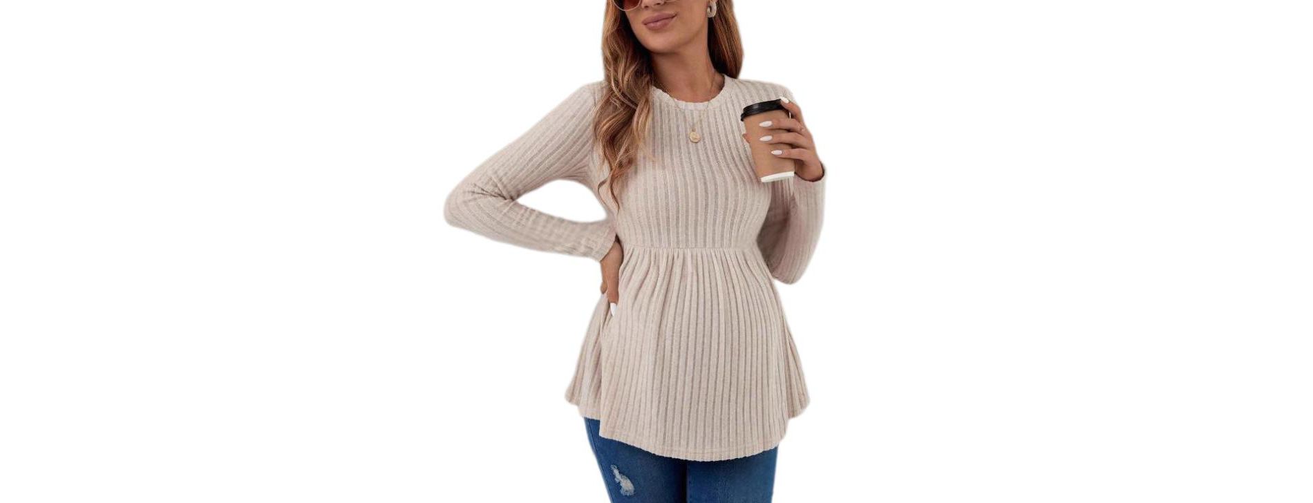 Coolmee Womens Maternity Tops Long Sleeve Pregnancy Tunic Blouses Crew Neck Ribbed Shirts Pregnant Clothes