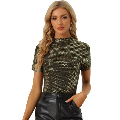 Allegra K Women's Short Sleeve Mock Neck Sparkly Sequin Tops Gold Small ...