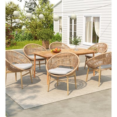 7Pcs Outdoor Patio Dining Set, Dining Set with 6 PE Rattan Chairs and 1 Acacia Wood Table, Wood Frame Chairs with Foam Cushion-Coolbibila