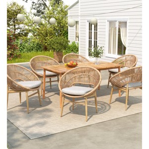 7Pcs Outdoor Patio Dining Set, Dining Set with 6 PE Rattan Chairs and 1 Acacia Wood Table, Wood Frame Chairs with Foam Cushion-Coolbibila - 1 of 4