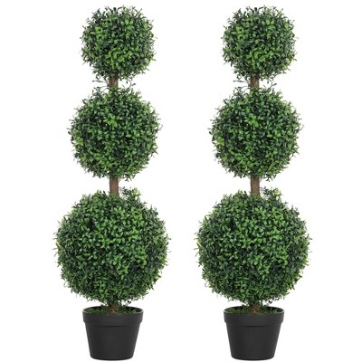 HOMCOM Set of 2 Fake Plants, Artificial Trees in Pot, Ball Boxwood Topiary Tree, Green