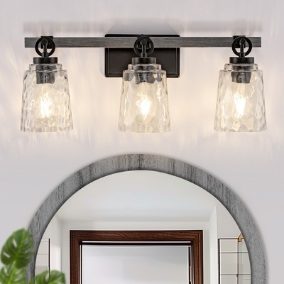 DORESshop 24 in. 3-Light Black and Wood Modern Bell Vanity Light for Bathroom Mirror with Water Glass Shades