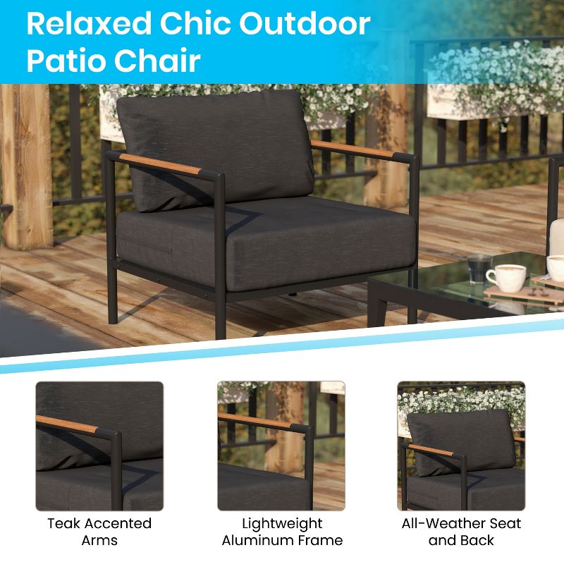 Flash Furniture Indoor/Outdoor Patio Chair with Cushions - Modern Aluminum Framed Chair with Teak Accented Arms, 4 of 12