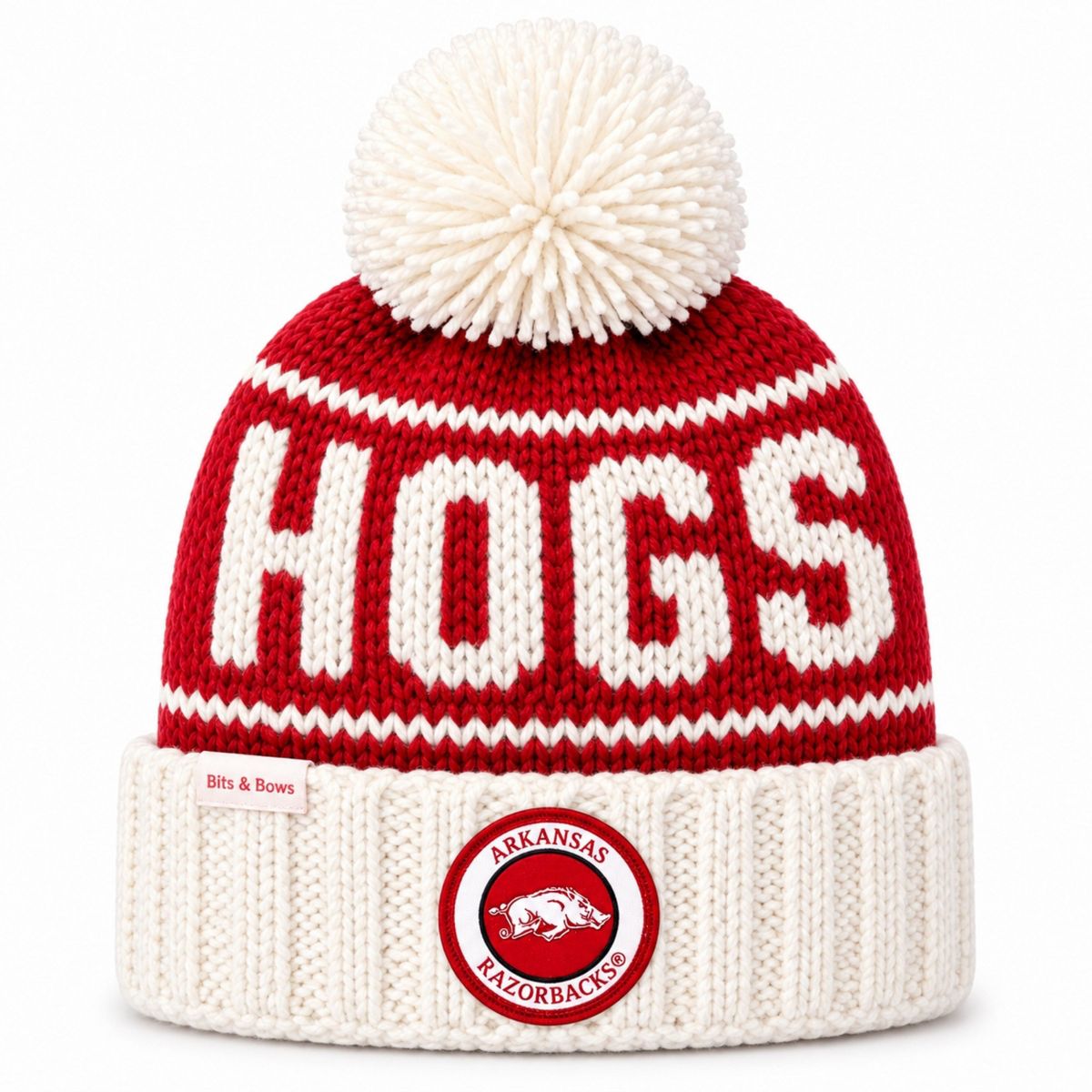 Bits & Bows Officially Licensed Arkansas Razorbacks Bobble Hat, Red/White