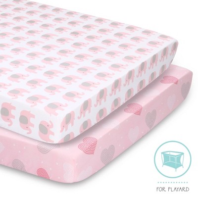 The Peanutshell Fitted Playard Sheets - Elephant and Pink Hearts - 2pk