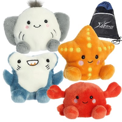 Aurora Palm Pals Sea Creatures Plush Set – Hammerhead Shark, Stingray, Starfish & Crab, 5″ Each, 4‑Pack