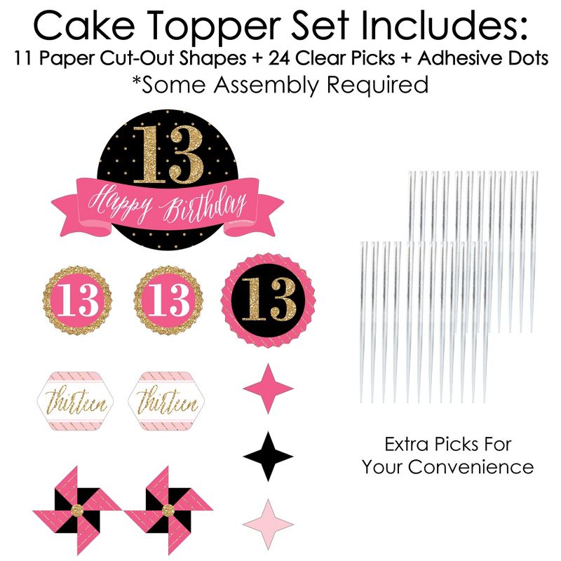 Big Dot of Happiness Chic 13th Birthday - Pink, Black and Gold - Birthday Party Cake Decorating Kit - Happy Birthday Cake Topper Set - 11 Pieces, 3 of 7
