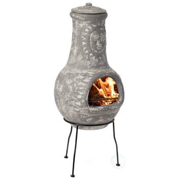 Vintiquewise Outdoor Clay Chiminea Fireplace Sun Design Wood Burning Fire Pit with Sturdy Metal Stand, Barbecue, Cocktail Party, Cozy Nights Fire Pit