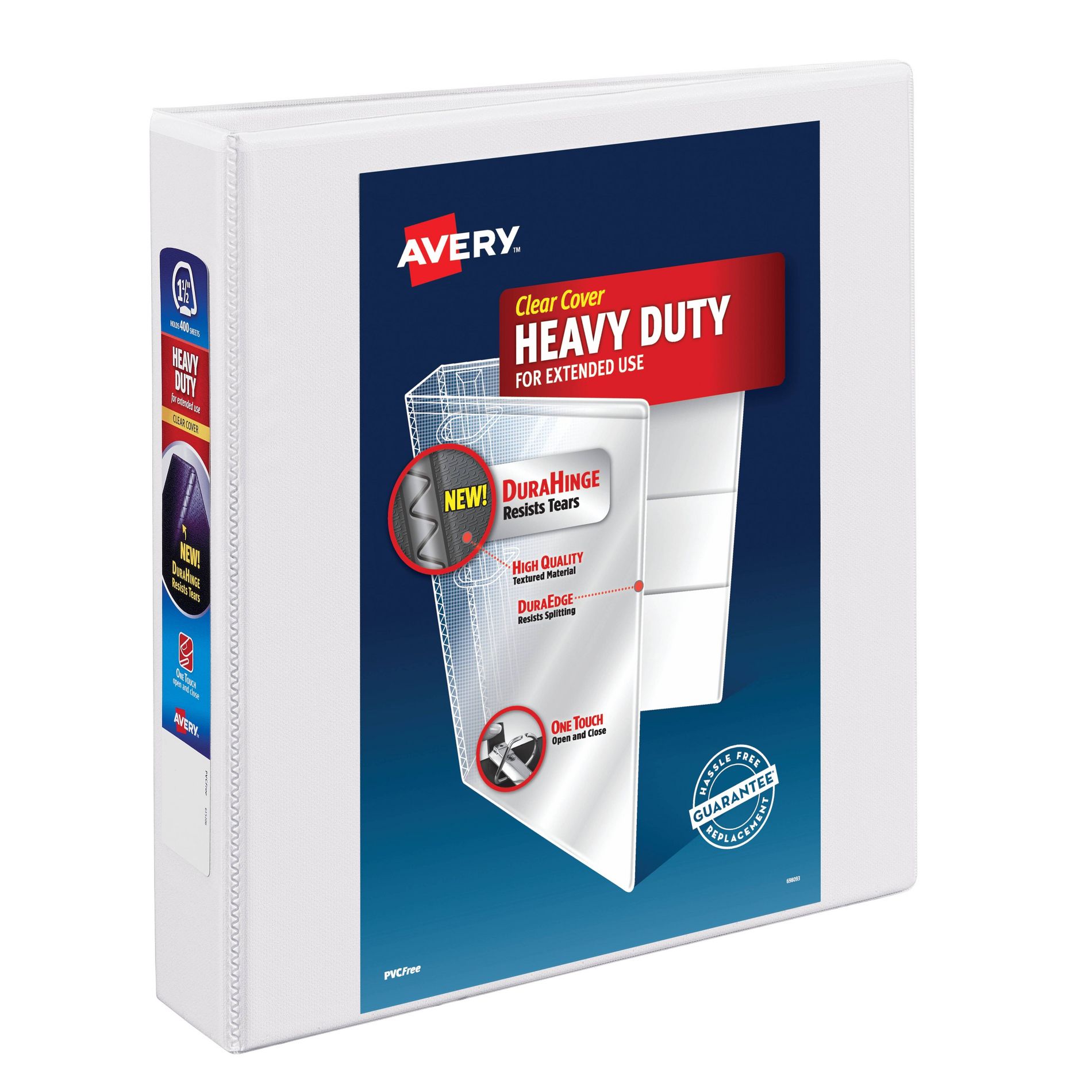 Avery 400 Sheet 2.1"x1.5" Heavy-Duty Ring Binder White: Polypropylene D-Rings, 4 Internal Pockets, Clear Cover