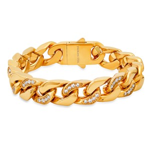 Steeltime Men's 18k gold plated stainless steel and simulated diamonds heavy miami cuban link chain bracelet. Color Options: Silver, Gold - 1 of 4