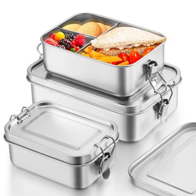 LunaLulinlk Bento Box 3 Piece Set, Stainless Steel Lunch Box Metal Food Container with Removable Dividers with 3 Compartments
