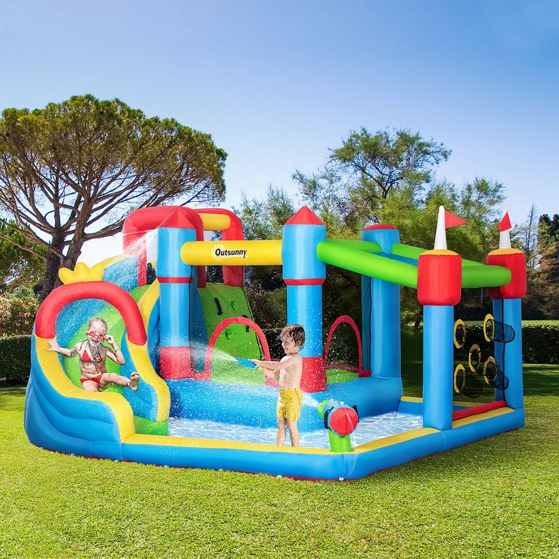 Outsunny 6-in-1 Inflatable Water Slide, Kids Bounce Includes Slide Trampoline Pool Cannon Climbing Wall Throwing Wall with 450W Air Blower, 3 of 7