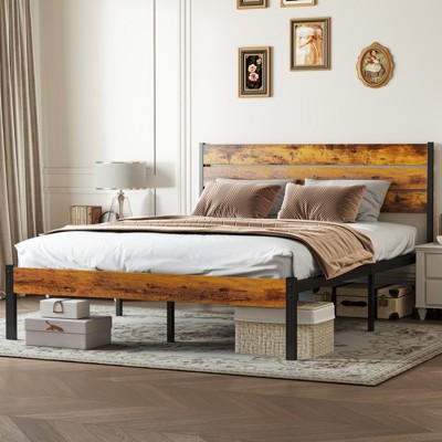 Full Size Bed Frame with Headboard, Heavy-Duty Platform Bedframe with Metal Slats Support, No Box Spring Needed, Easy Assembly, Brown