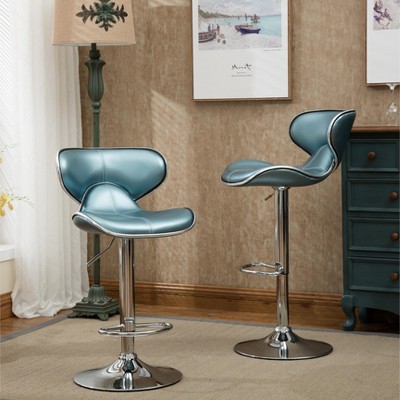 Swivel Barstool Set of 2, Adjustable Height Upholstered Counter Stools with Chrome Base, for Kitchen Pub Bar, Blue