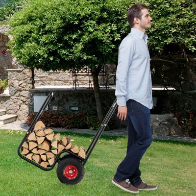 Heavy-Duty Black Steel Firewood Log Cart Carrier with Red Wheels