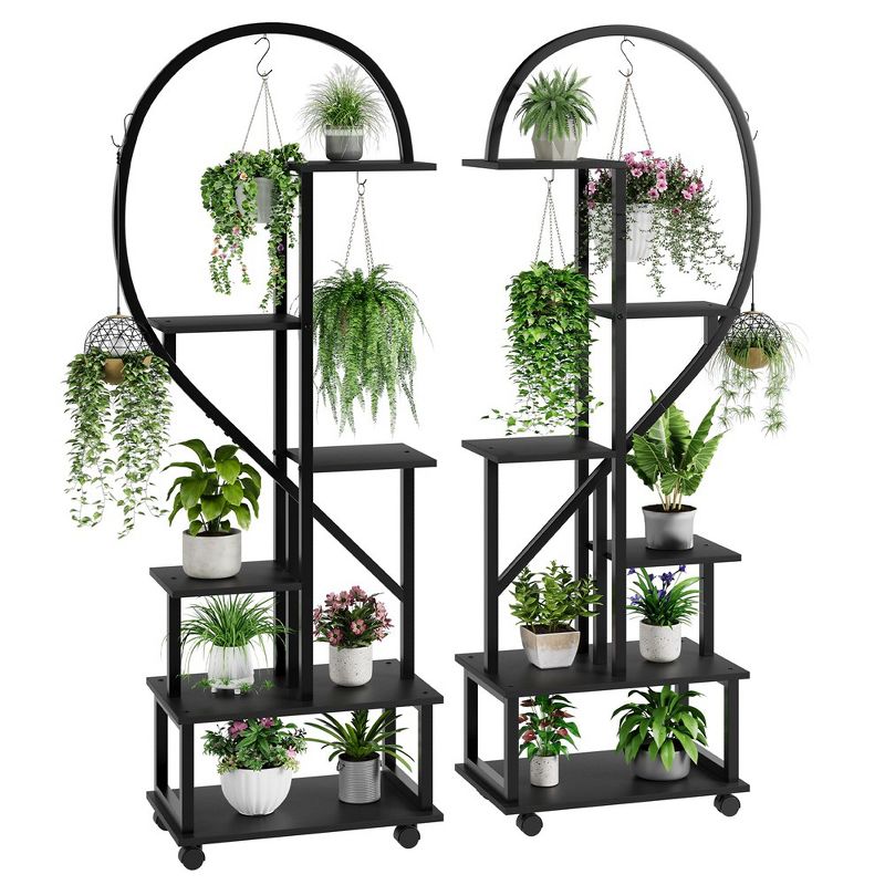 Set of 2 Metal 6-Tier Tall Plant Stands with Detachable Wheels and Drawers, Half Heart Shape Design for Indoor/Outdoor Home, Garden, Patio, Balcony, 4 of 8