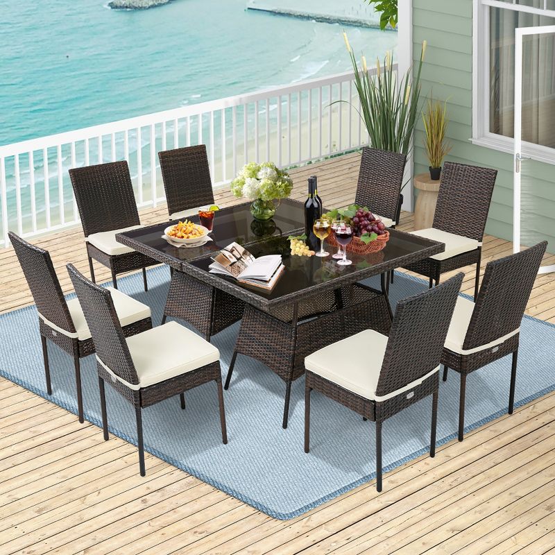 Costway 10 PCS Patio Rattan Dining Set Glass Table High Back Chair Garden Deck Mix Brown, 1 of 11