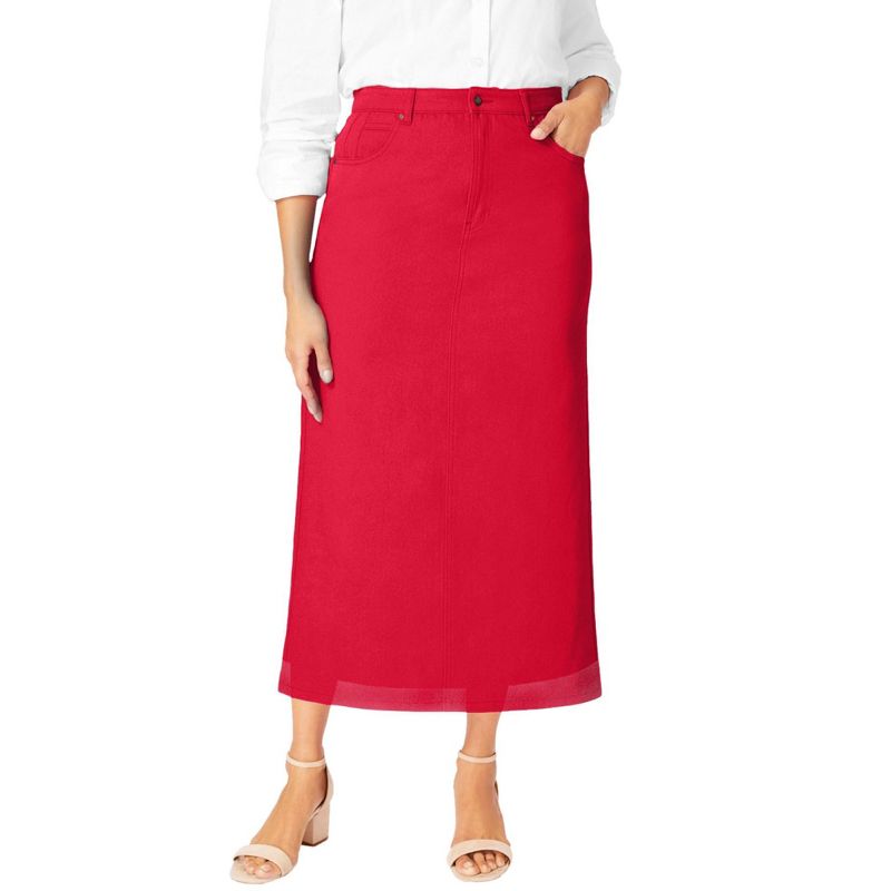 Jessica London Women's Plus Size Classic Cotton Denim Midi Skirt Pockets Long Jean Skirt, 1 of 2