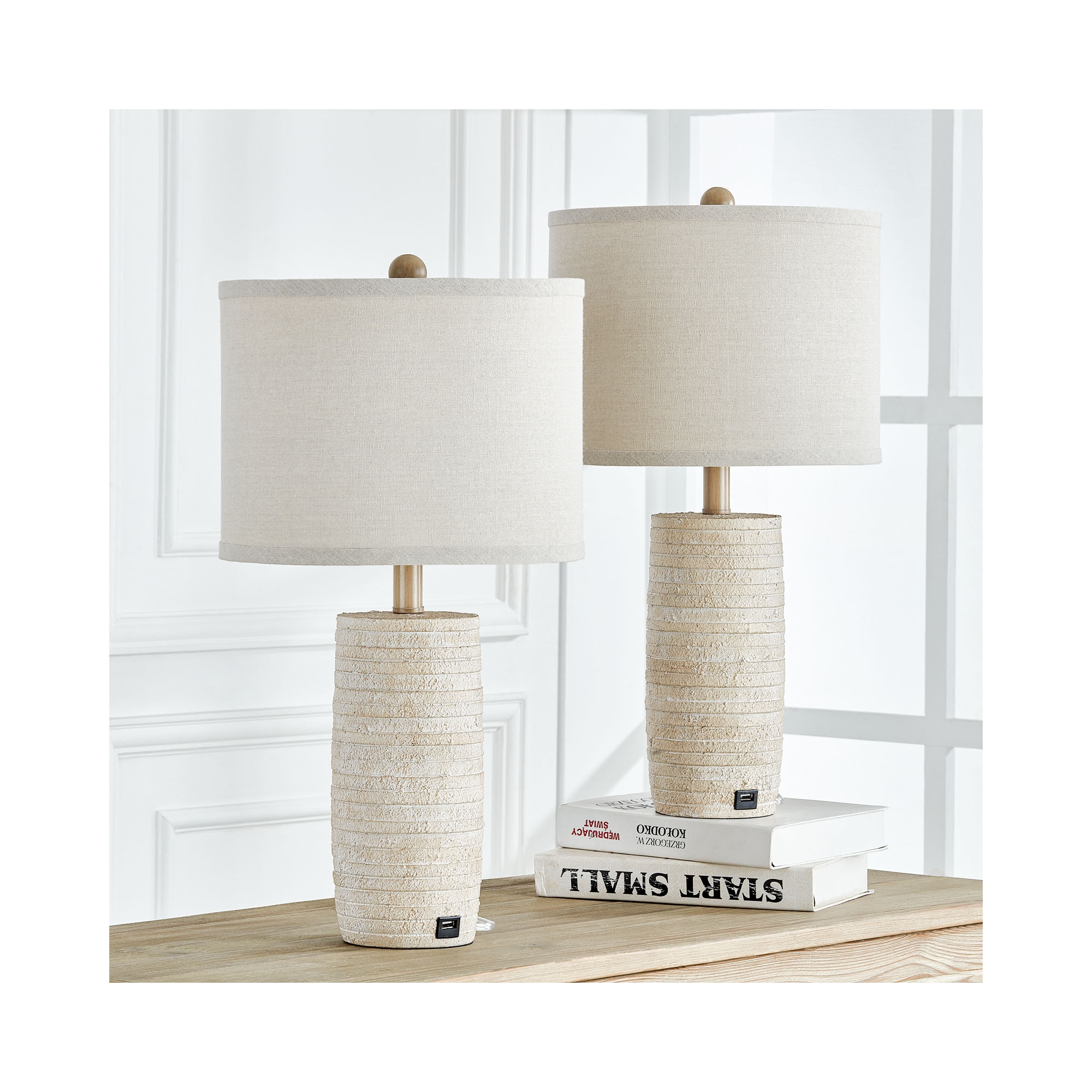 Maxax Oatmeal Resin Table Lamp Set of 2 with USB Ports, 3-Way Layered Texture Bedside Lamps for Living Room, Bedroom