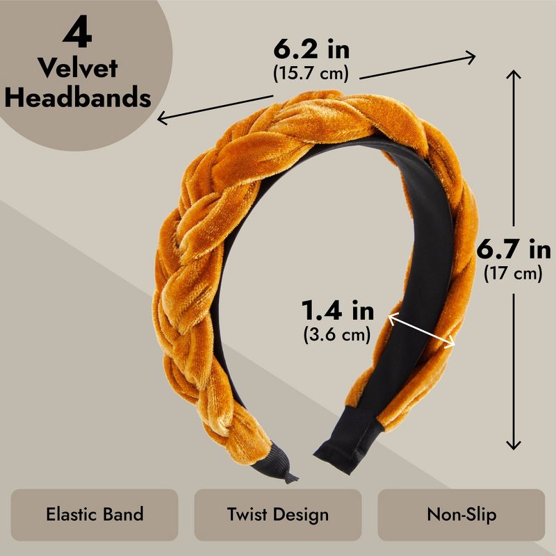 Glamlily 4 Pack Velvet Braided Headbands for Women, Wide, Non-Slip Padded Hair Accessories (4 Colors), 5 of 11