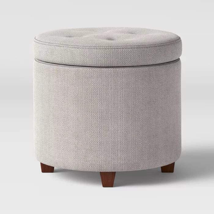 Small-Space Nursery Solutions with Style to Spare, Round Tufted Storage Ottoman