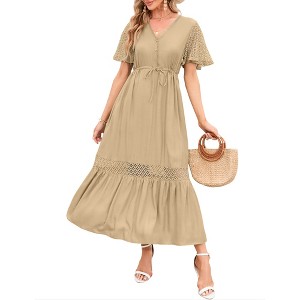 Womens 2025 Summer Lace Lotus Leaf Short Sleeve Maxi Dress V Neck Long Flowy Dresses - 1 of 4