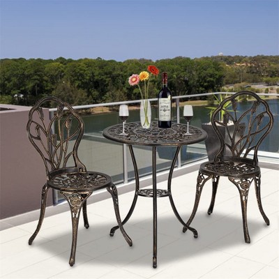 TROPOW Antique Bronze Cast Aluminum Bistro Set 3 Piece Ornate Garden Table & Lattice Chairs with Tulip Motifs