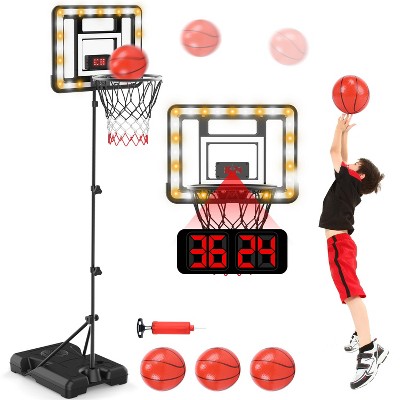Skirfy 2-in-1 Kid Basketball Hoop with LED Lights & Scoreboard & 3 Balls, Toddler Basketball Hoop Adjustable Height 5.1ft-6.2ft