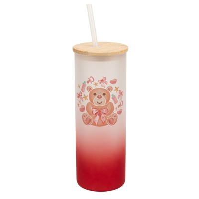 Elanze Designs 25 Ounce Frosted Glass Gradient Travel Tumbler With Straw and Wooden Lid, Girl Teddy Bear Red