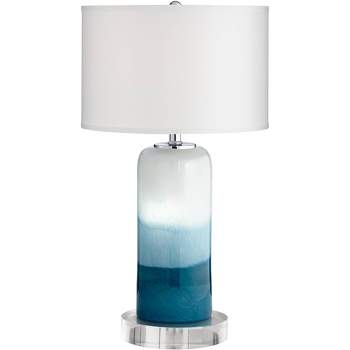 Possini Euro Design Roxanne Coastal Table Lamp with Round Riser 26 1/4" High Blue Glass LED Nightlight Drum Shade for Bedroom Living Room Nightstand