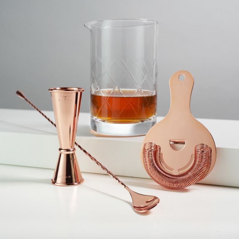 Viski Barware Tool Set | Includes Double Jigger, Mixing Glass, Hawthorne Strainer, Weighted Barspoon, 4 piece bar essentials, copper, 2 of 11