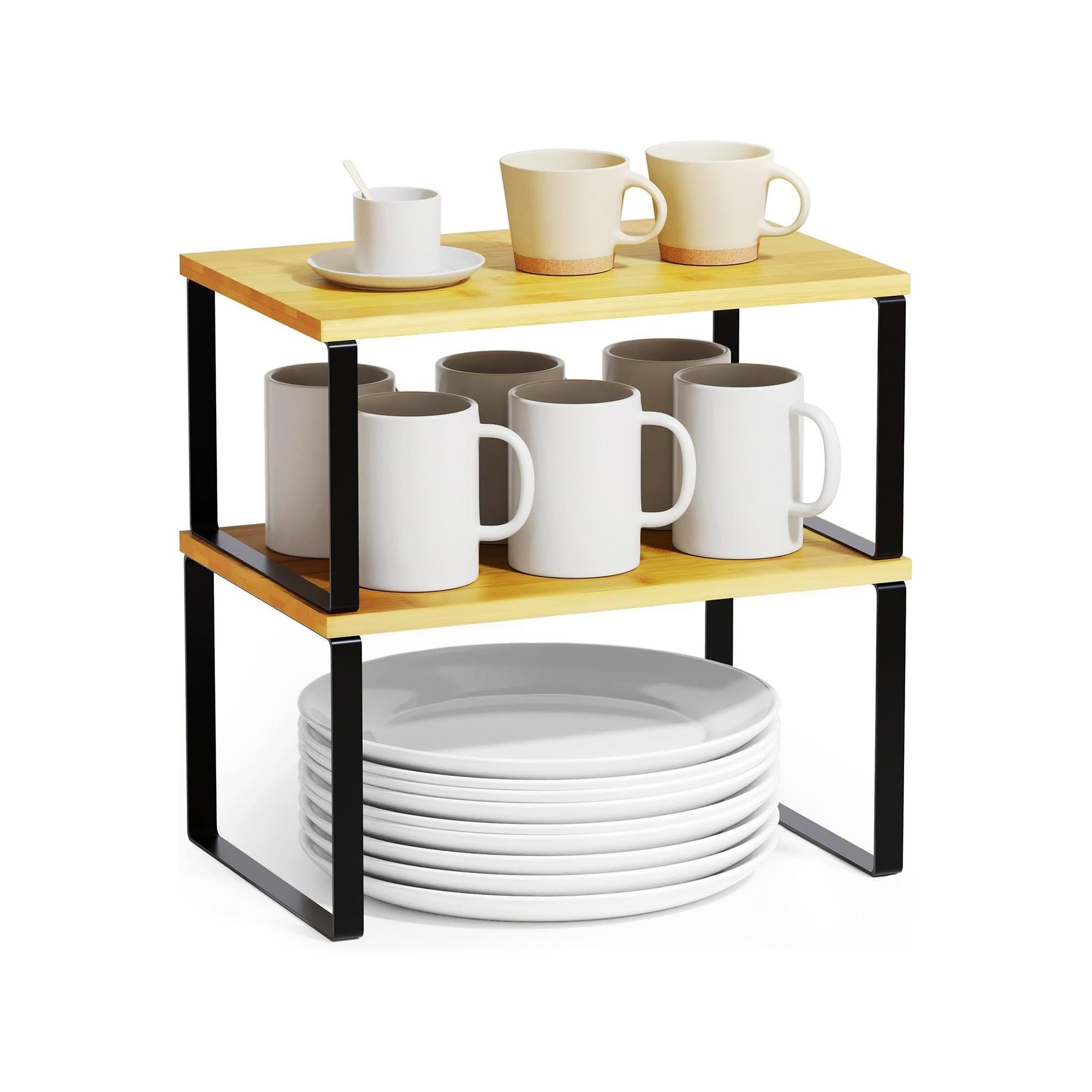 2-Pack Kitchen Cabinet Shelf Racks, Expandable Spice Rack for Pantry & Cupboard Storage, Black & Natural (Short)-SpaceAid