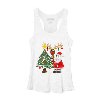 Women's Design By Humans Funny Cute Santa Claus and Christmas Reindeer by Tree By SmileToday Racerback Tank Top