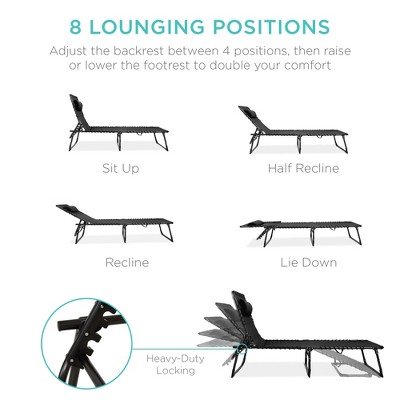 Black Adjustable Folding Outdoor Chaise Lounge Chair with Cushions