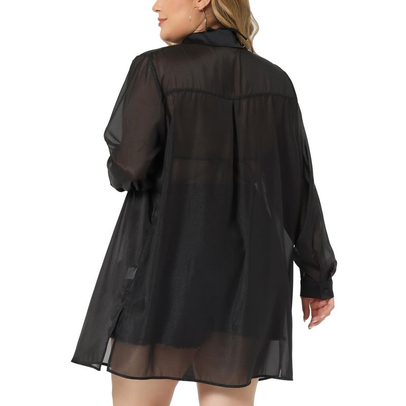 Agnes Orinda Women's Plus Size Long Sleeve Black Sheer Button Down Shirts, 4 of 6