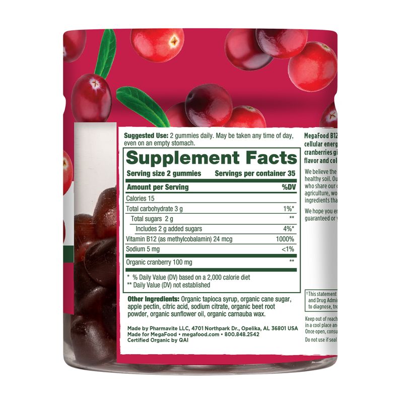 MegaFood Vitamin B12 Energy, Vitamin B, Organic, Vegan Gummies - Cranberry - 70ct, 2 of 11
