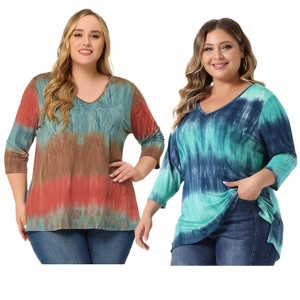 Women's Plus Size 2 Pieces Tie Dye Side Slit 3/4 Sleeve V Neck Casual Stripe Blouse - Agnes Orinda - 1 of 4