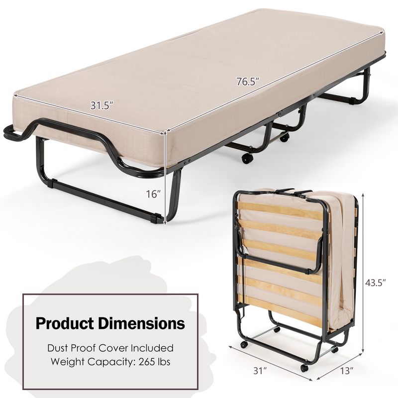 Costway Folding Bed w/Memory Foam Mattress Dust-Proof Bag Rollaway Metal Bed Sleeper Made in Italy, 4 of 11
