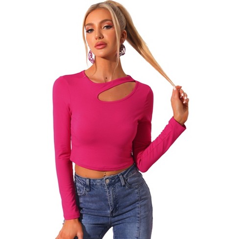 Allegra K Women's Casual Long Sleeve Cut Out Slim Fitted Basic Crop Tops  Hot Pink Large : Target