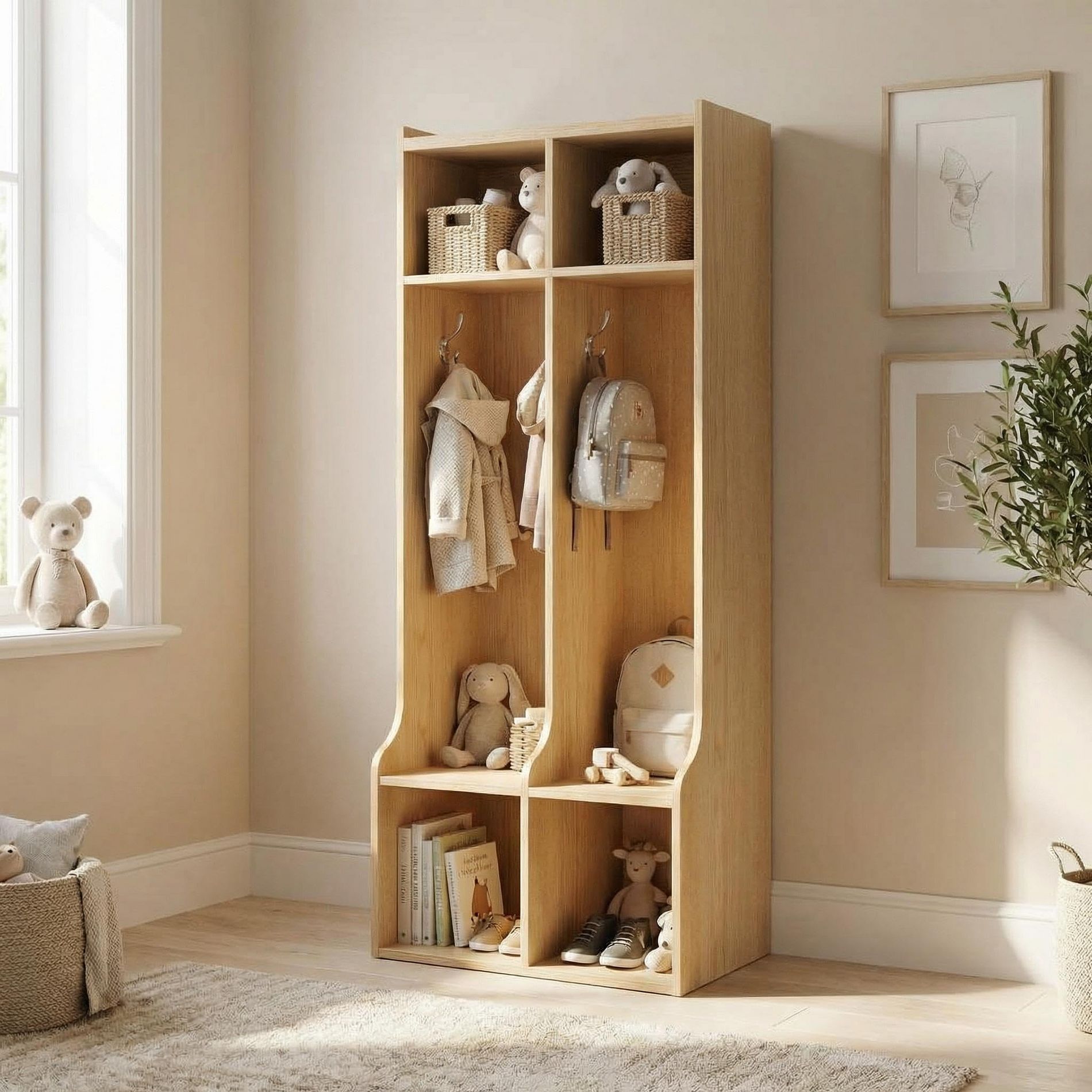 Kids Coat Locker & Mudroom Organizer, 2-Section Storage Cubby with 4 Hooks for Backpacks, Home, Daycare & School, Durable Wooden Cabinet