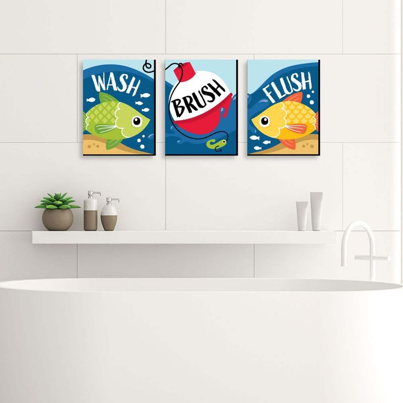 Big Dot of Happiness Let's Go Fishing - Fish Themed Kids Bathroom Rules Wall Art - 7.5 x 10 inches - Set of 3 Signs - Wash, Brush, Flush, 3 of 8