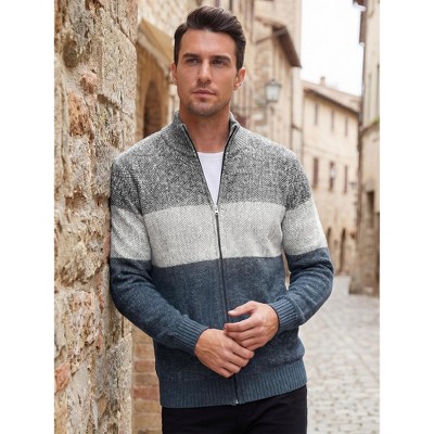 INSPIRE CHIC Men's Stand Collar Cable Knit Contrast Stripe Sweater Jackets Small Gray Navy — фото 4