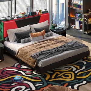 Bestier Bed Frame with LED Adjustable Storage headboard, PU Leather Upholstered Platform Bed, Black - 1 of 4