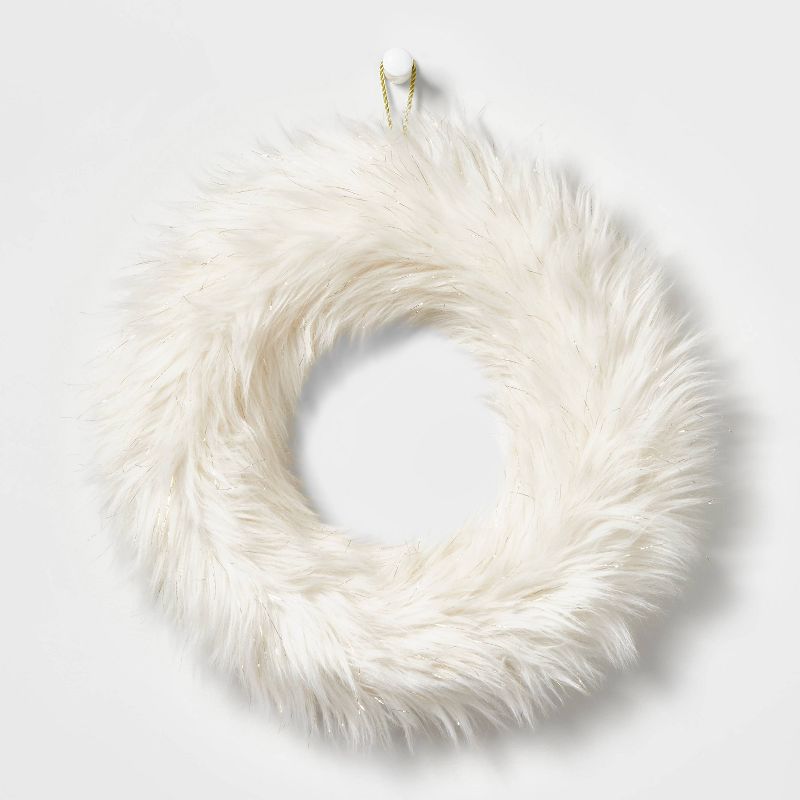15in Faux Fur Christmas Wreath White - Wondershop&#8482;, 1 of 3